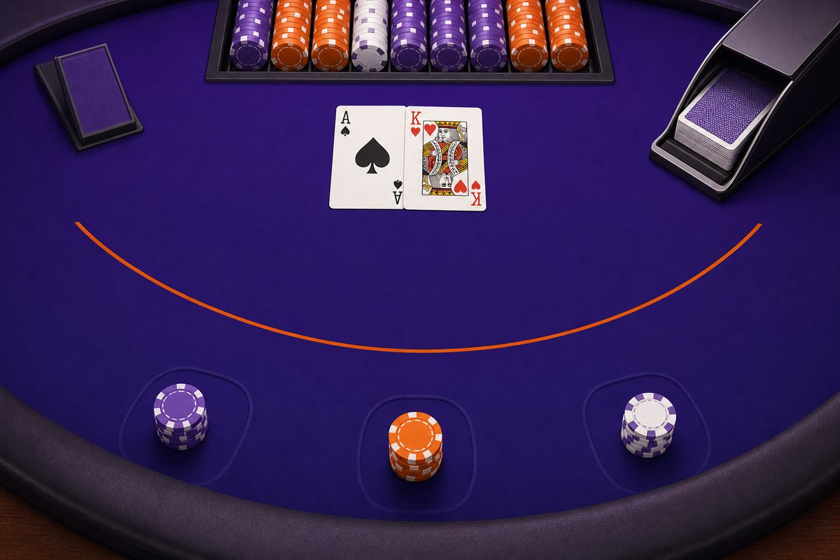 Blackjack table with an ace and a king totalling 21